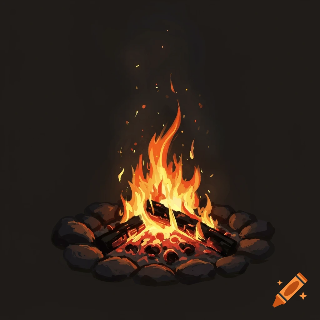 A campfire surrounded by stones.