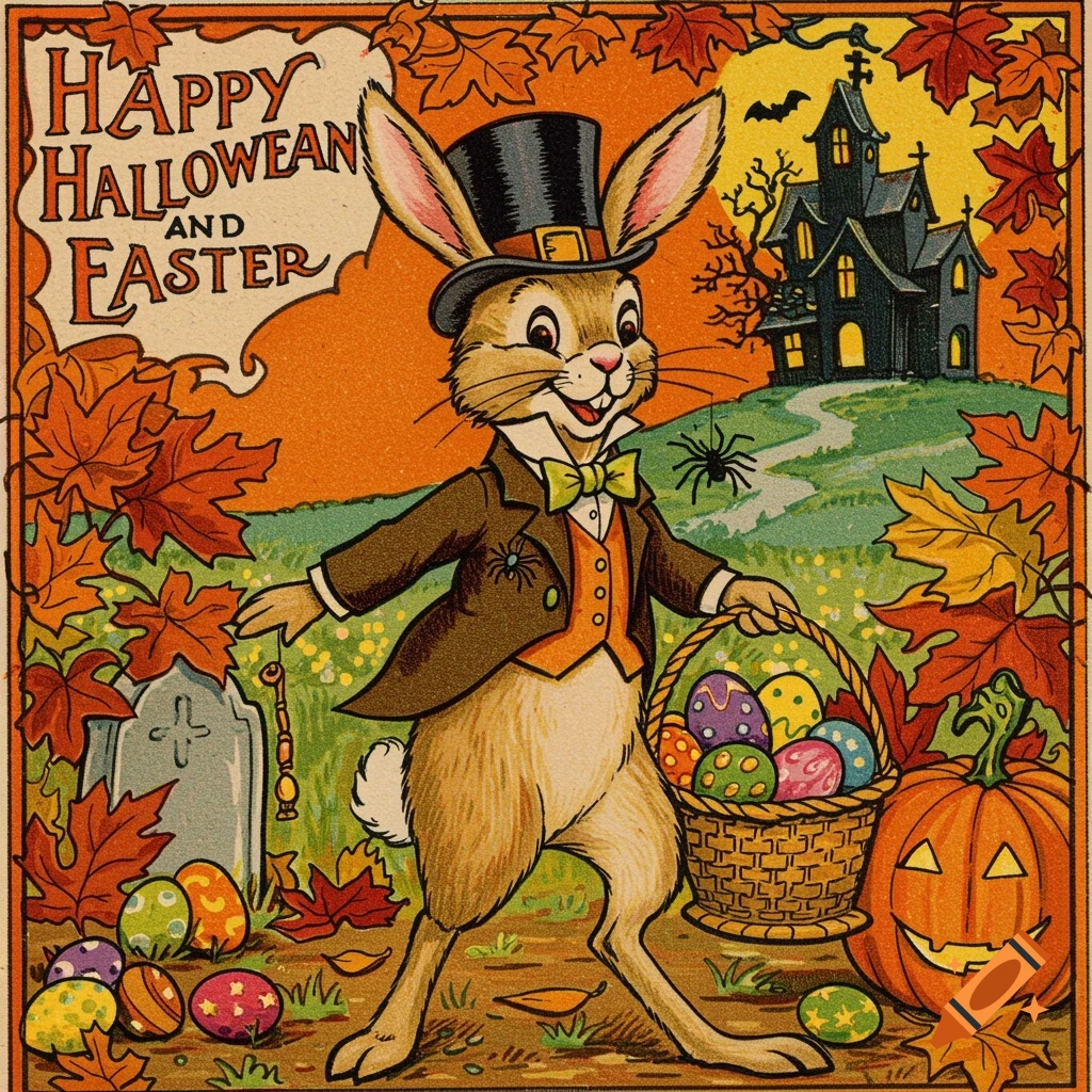 Vintage illustration of a rabbit in a suit with an Easter basket, haunted house, and jack-o'-lantern. Text: HAPPY HALLOWEAN AND EASTER.
