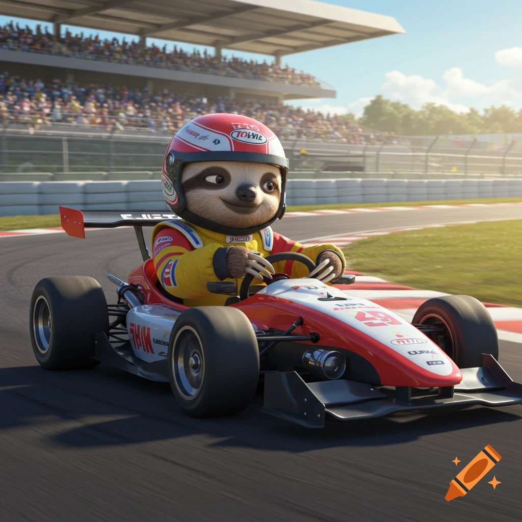 A cartoon sloth wearing a racing suit and helmet drives a race car on a track.