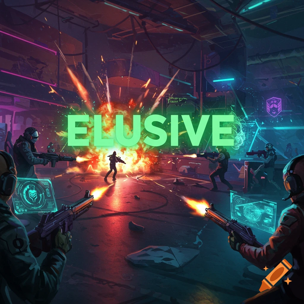 Illustration of soldiers in futuristic combat with explosions and the glowing word 'ELUSIVE'.