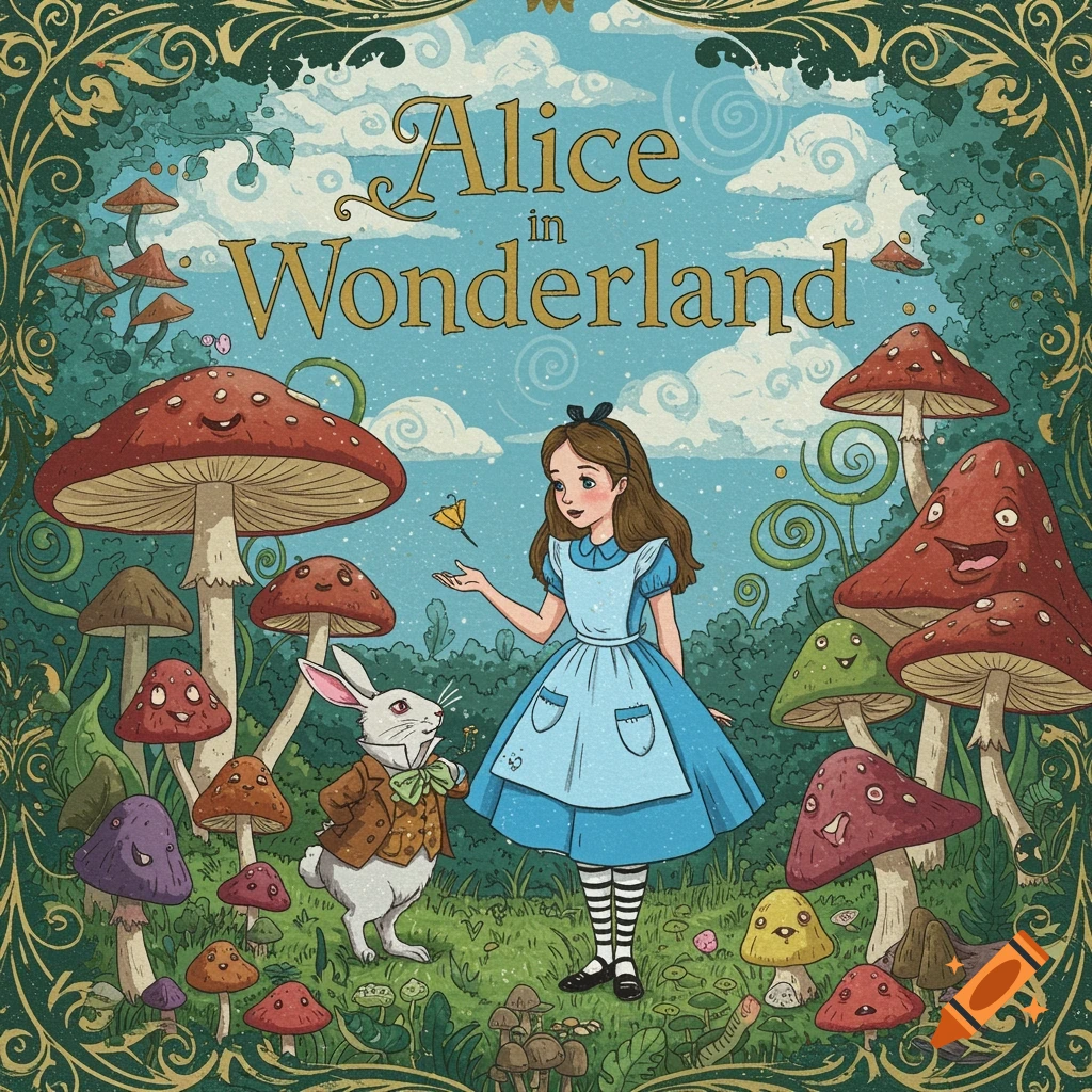 Illustration of Alice and White Rabbit with smiling mushrooms in a forest, title 'Alice in Wonderland'.