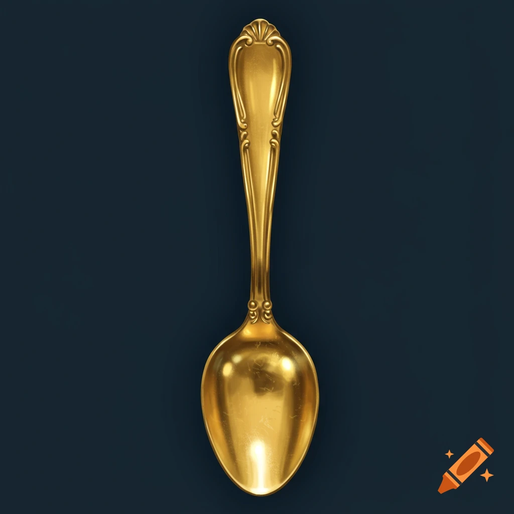 A golden spoon on a dark background.