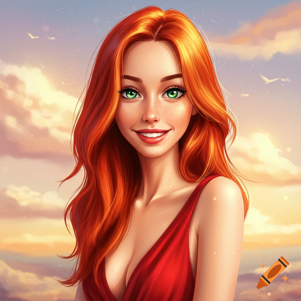 A smiling young woman with long red hair and green eyes wears a red dress against a cloudy sky.