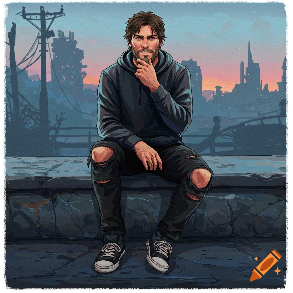 A man in a hoodie and ripped jeans sitting on a ledge overlooking an urban skyline at sunset.