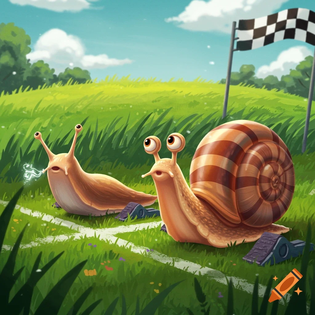 A cartoon slug and snail are lined up on a track in a grassy field, ready to race towards a checkered flag.