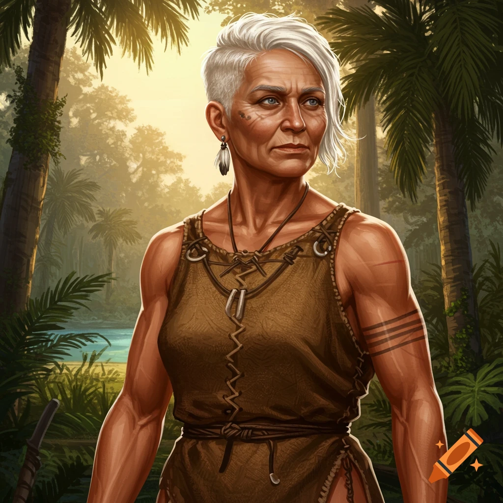 An older woman with white hair and arm tattoos stands in a sunlit jungle.