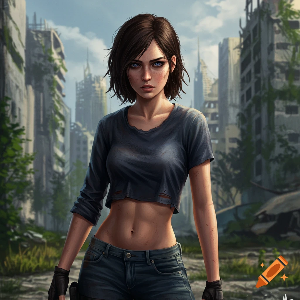 A young woman with short dark hair and blue eyes in a crop top and jeans stands in a post-apocalyptic city.