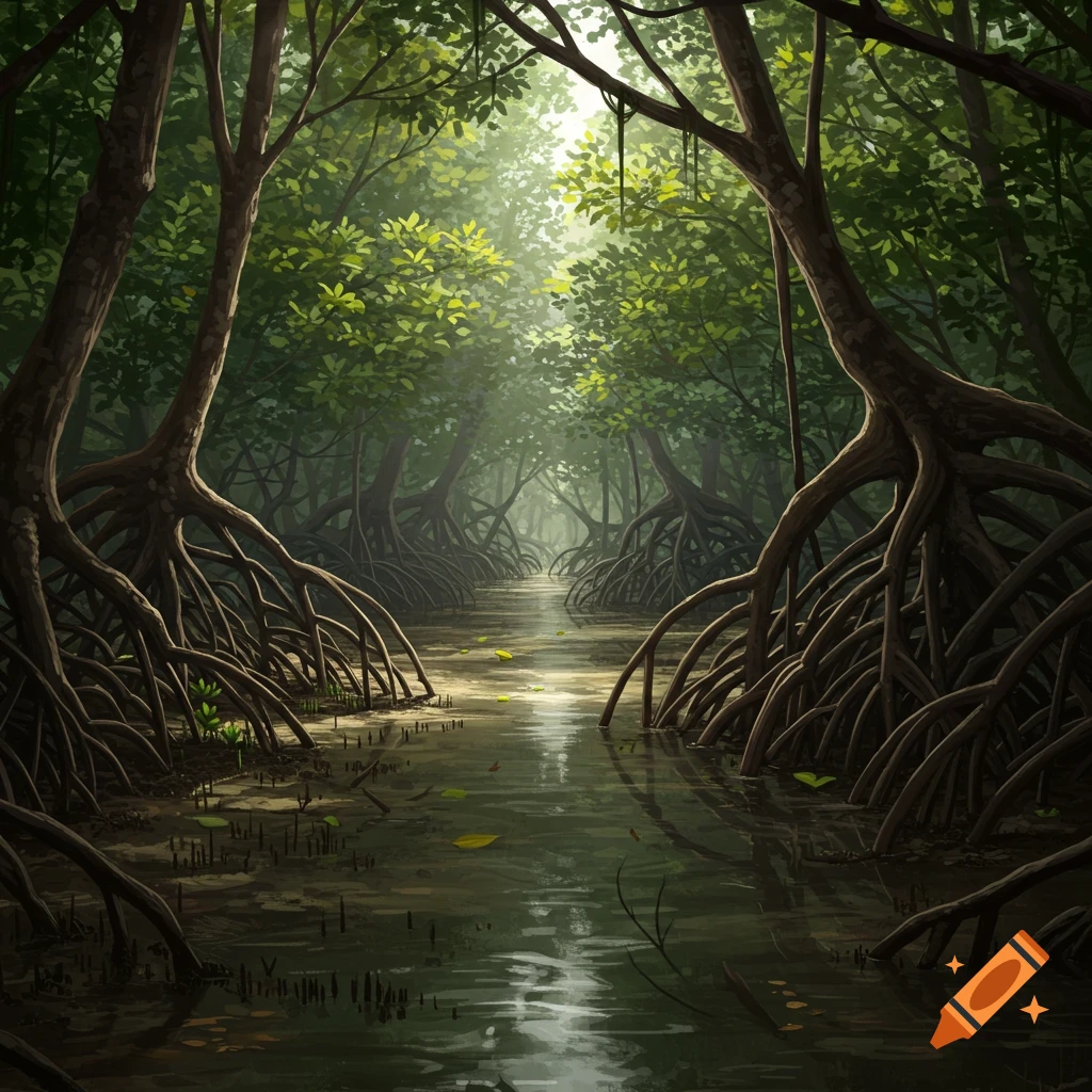 A murky mangrove forest waterway