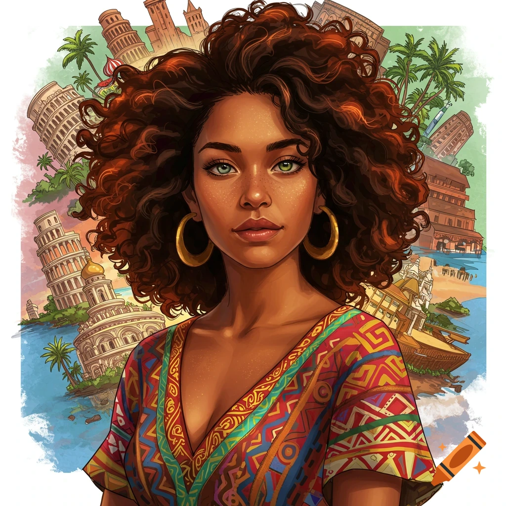 Portrait of a woman with curly hair and gold earrings, with illustrations of world landmarks like the Leaning Tower of Pisa in the background. Digital art.