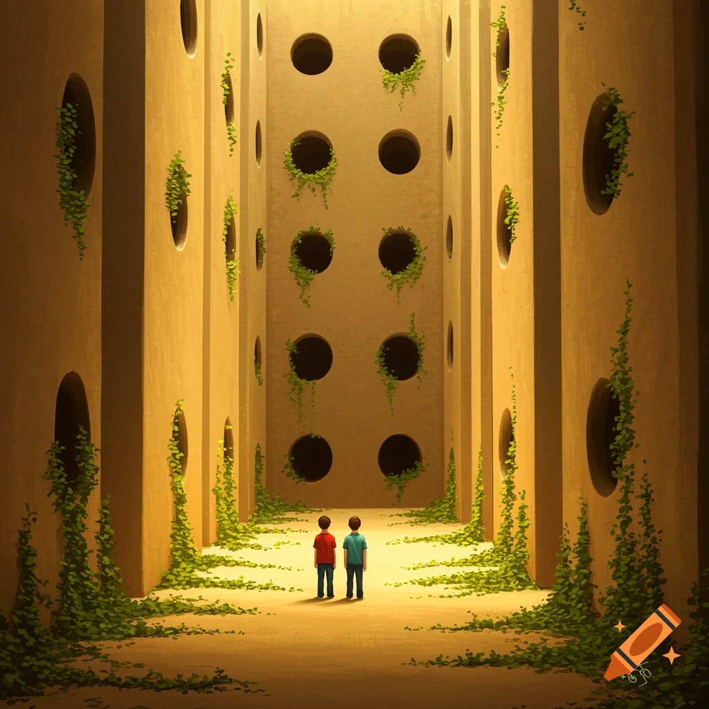 Two small boys in a tall, hole-filled structure with ivy.