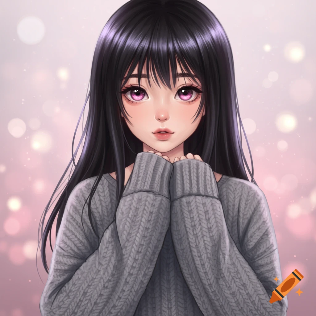 Anime portrait of a girl with black hair, pink eyes, and a grey sweater.
