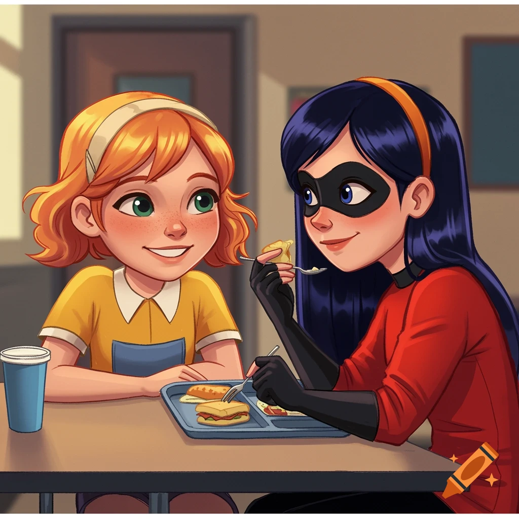 Two cartoon girls eat lunch at a school cafeteria table.
