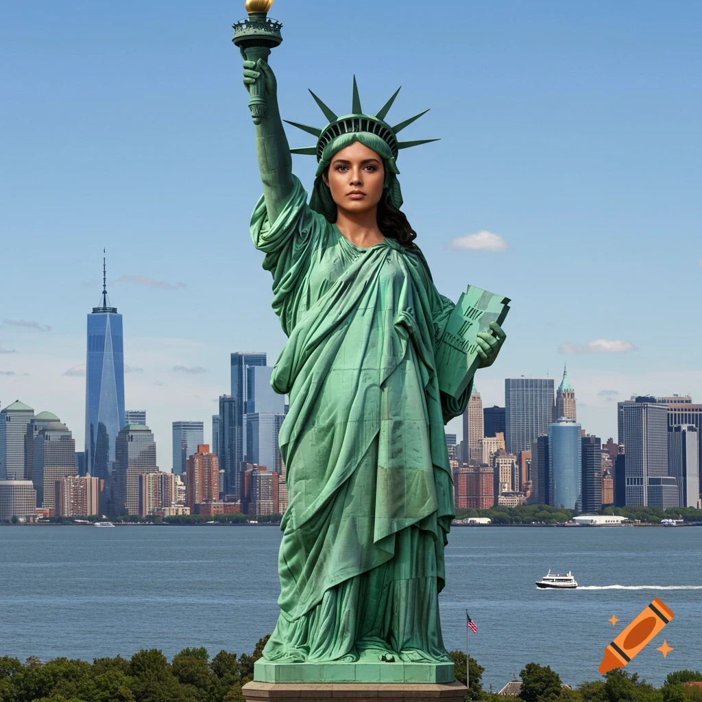Realistic woman's face on the Statue of Liberty standing in front of the New York City skyline.