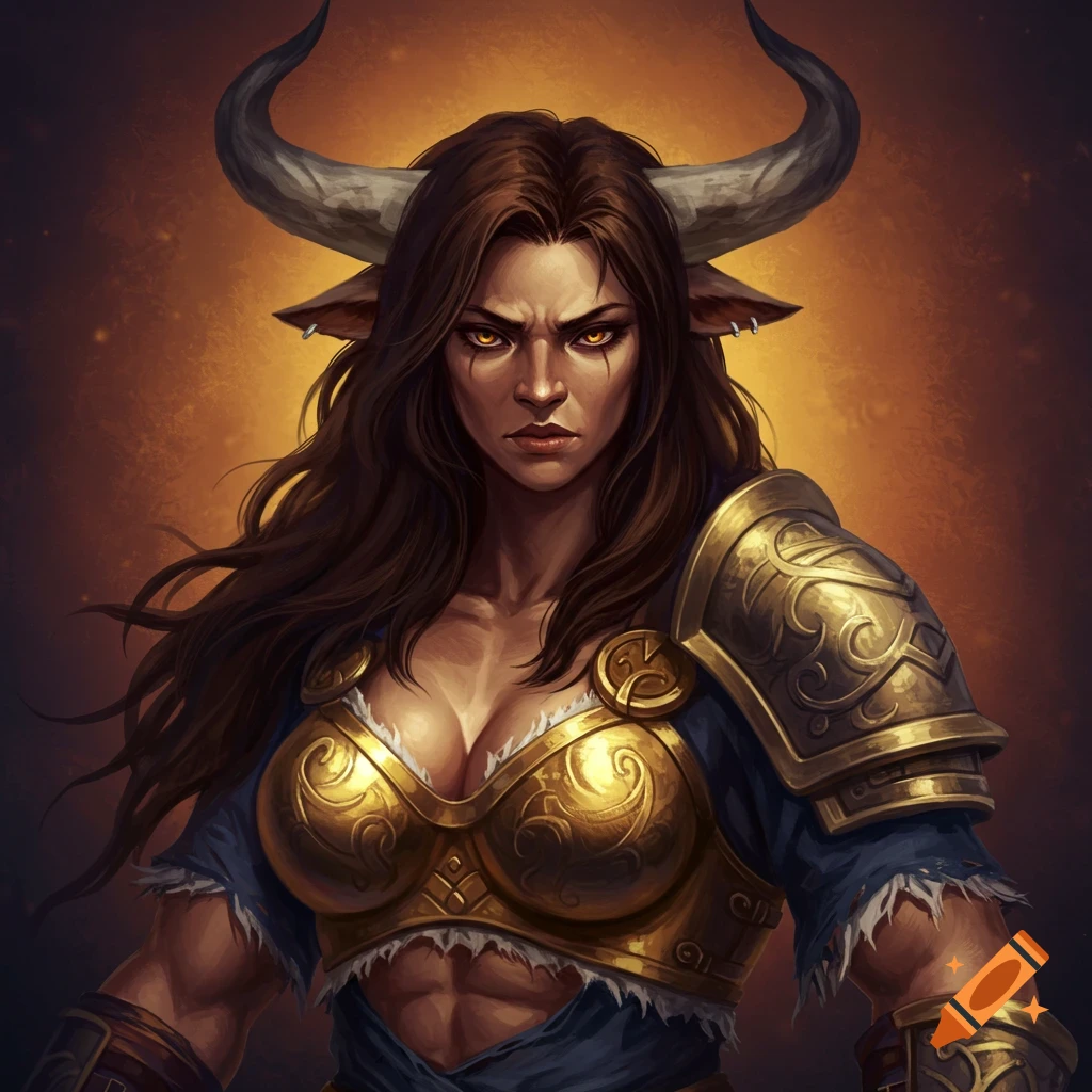 A female minotaur in gold armor with horns.