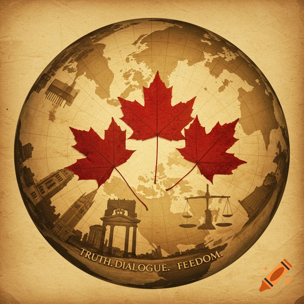 Vintage map with maple leaves, buildings, justice scale, and text 'TRUTH. DIALOGUE. FEEDOM.'