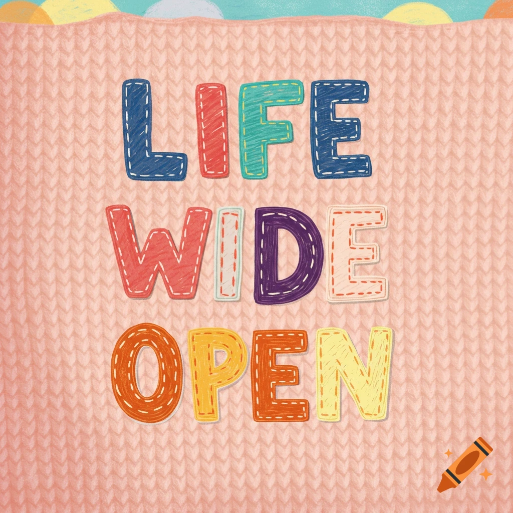 Digital illustration of a pink knitted blanket with colorful stitched text 'LIFE WIDE OPEN'.