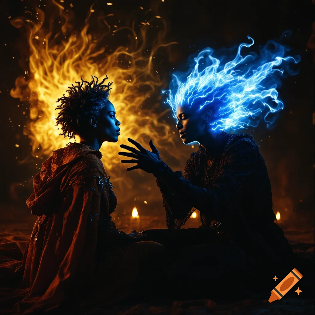 Two figures with fire and lightning emanating from their heads face each other in a dark setting with candles.