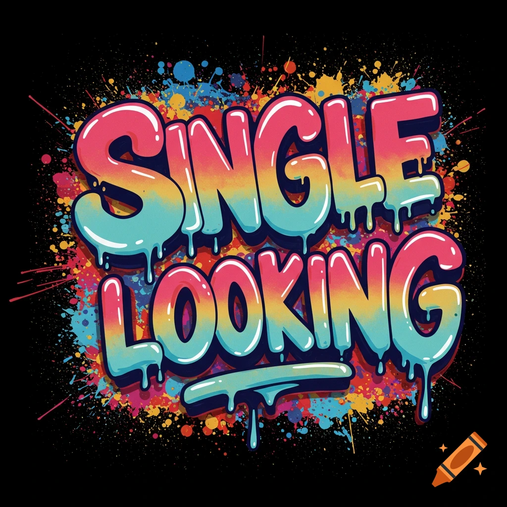 Colorful graffiti text spelling 'SINGLE LOOKING' against a paint splattered black background.