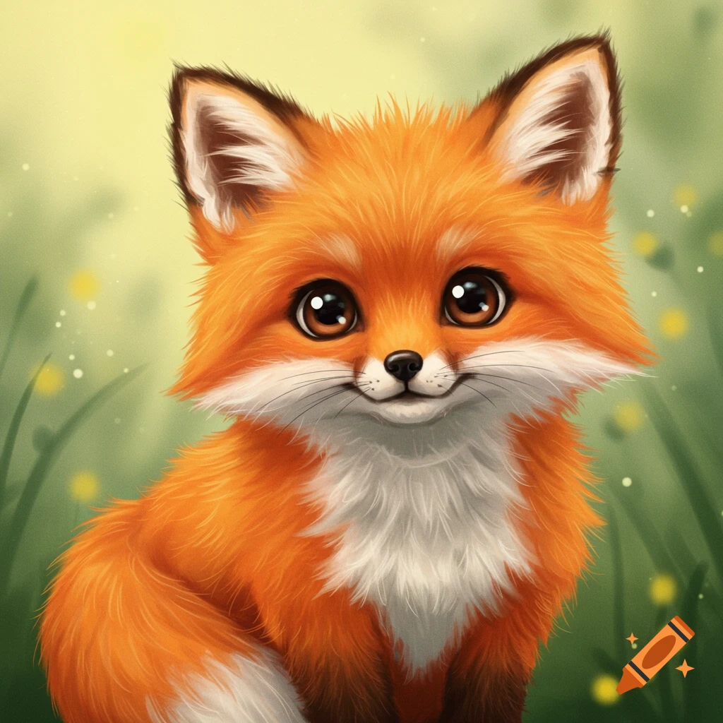 A cute baby fox sitting in grass.