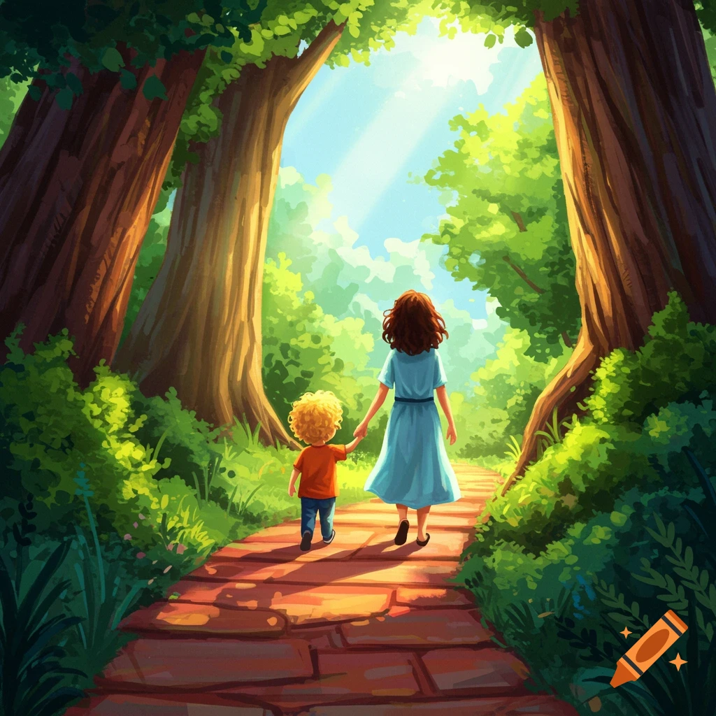 An adult and child walk hand-in-hand on a path through a bright, sunny and whimsical forest.