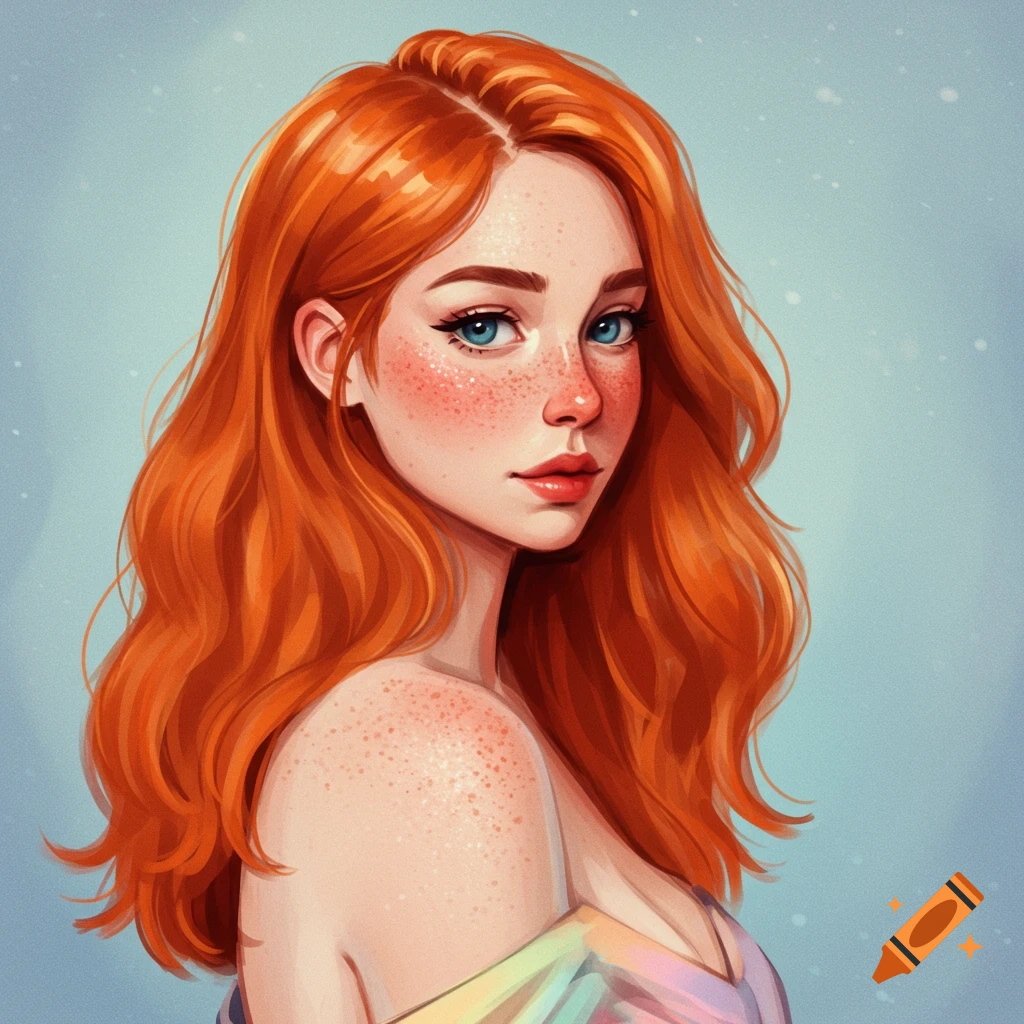 Painting of a woman with red hair, freckles, and blue eyes.