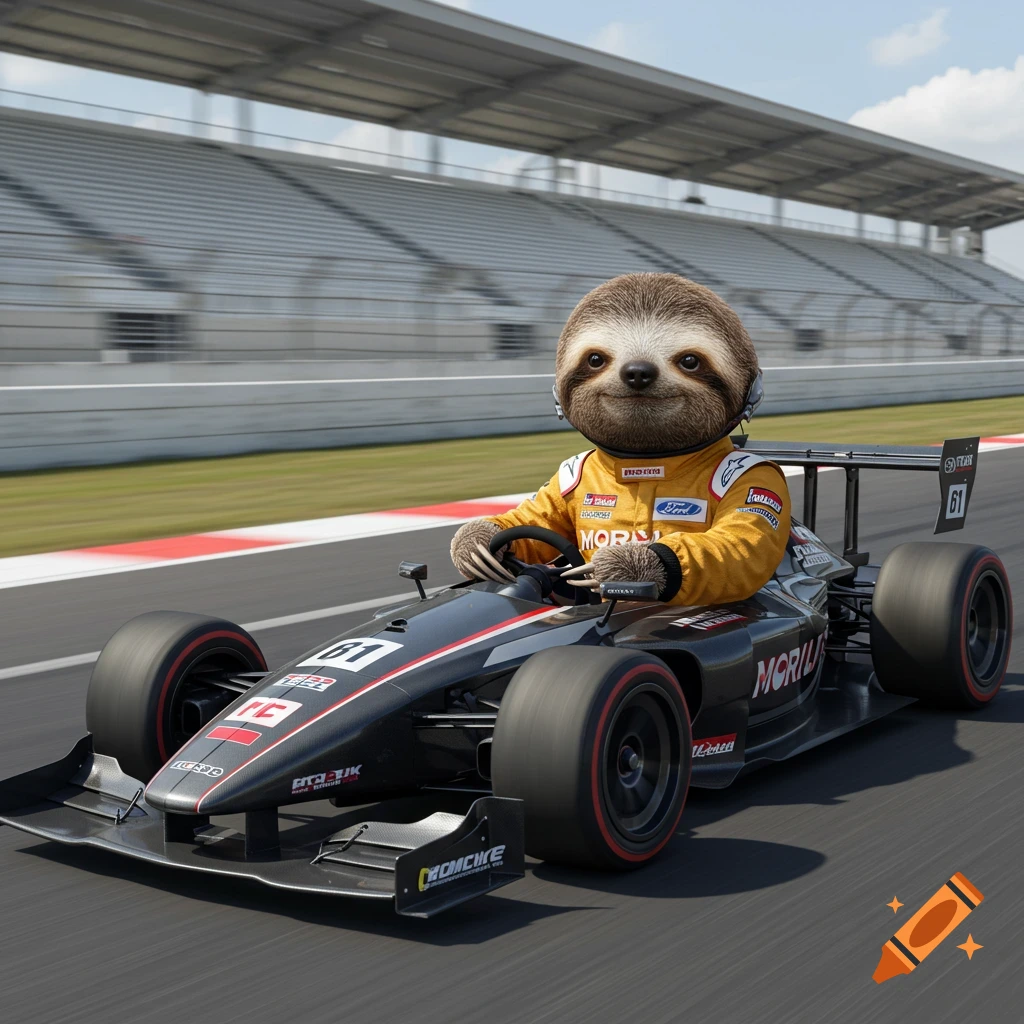 A sloth in a racing suit driving a race car on a track.