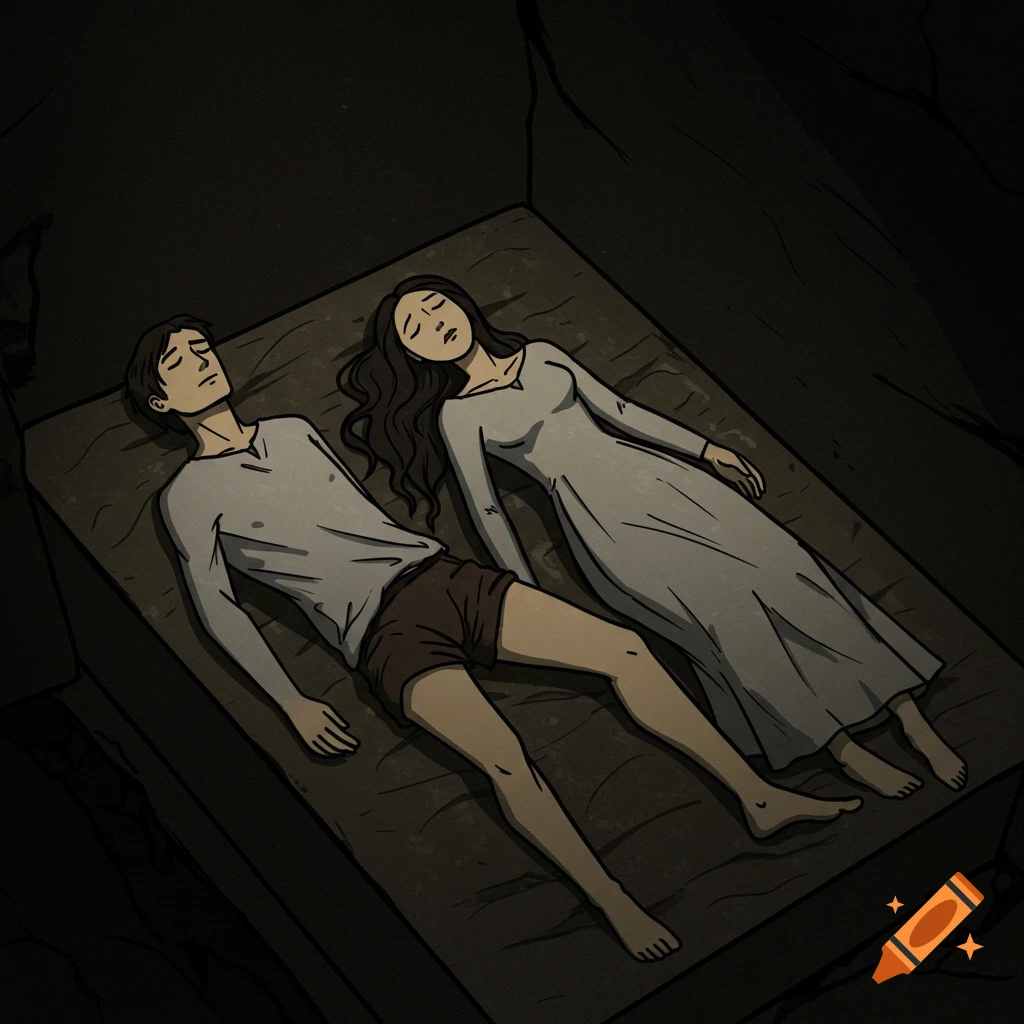 Illustration of a man and woman lying side-by-side in a dark tomb.