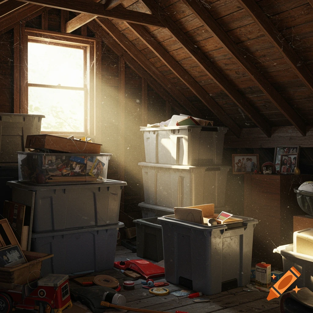 A dusty attic room is cluttered with storage boxes, toys, and old items, with sunlight streaming through a window.