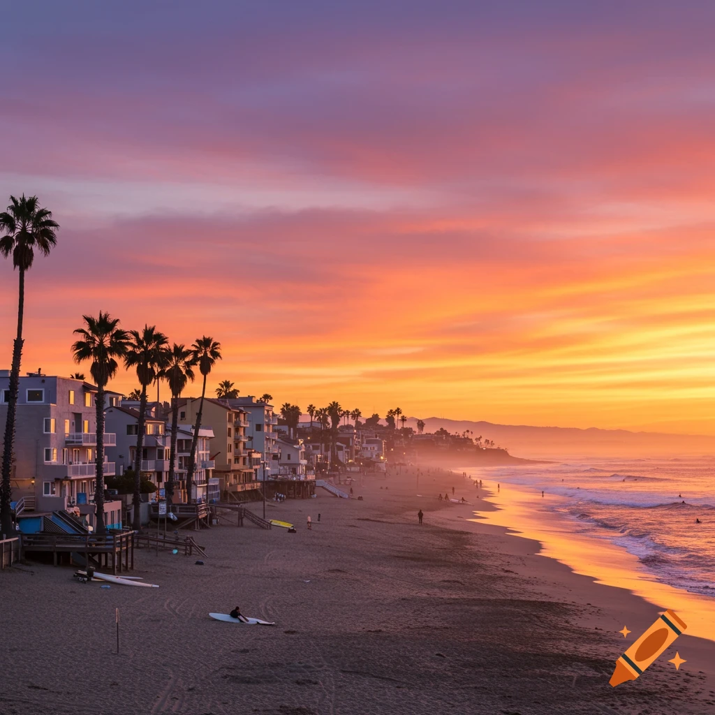 Sunset over a beach town with palm trees along the coast.