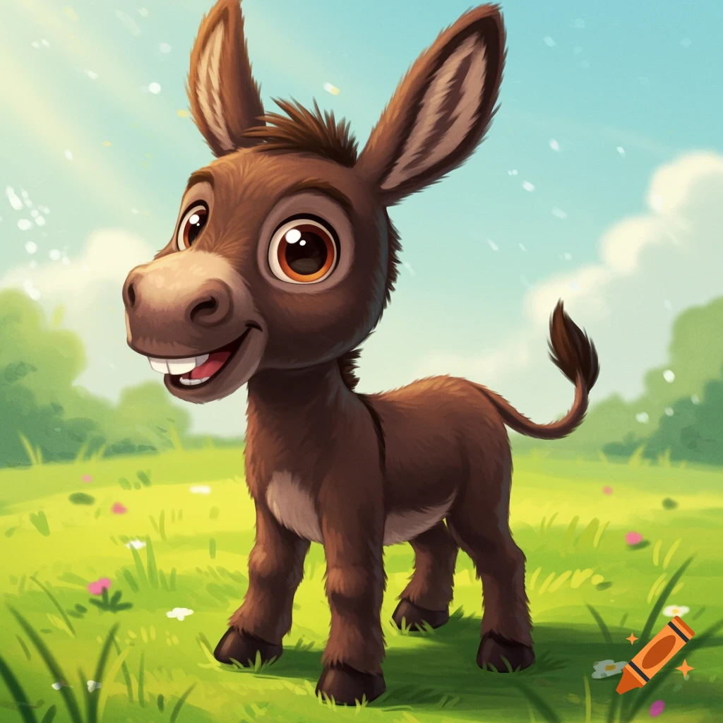 Cute cartoon donkey stands in a sunny meadow.