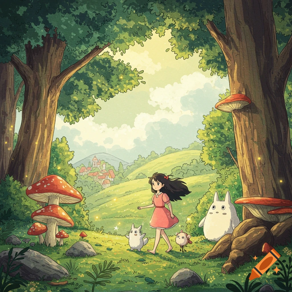 A young girl walks through a forest path with cute fantasy creatures and giant mushrooms in a Ghibli style.