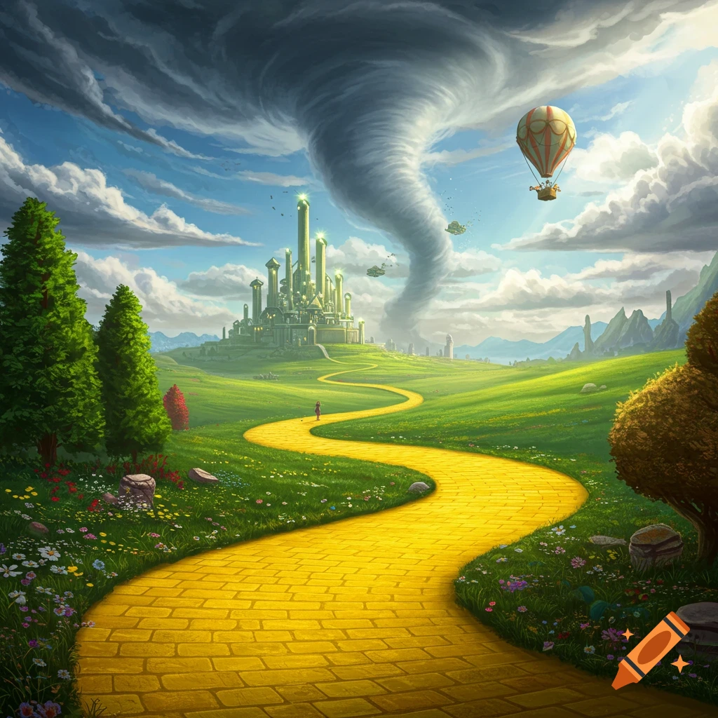 A yellow brick road leads to a glowing green castle under a stormy sky with a tornado and hot air balloon.