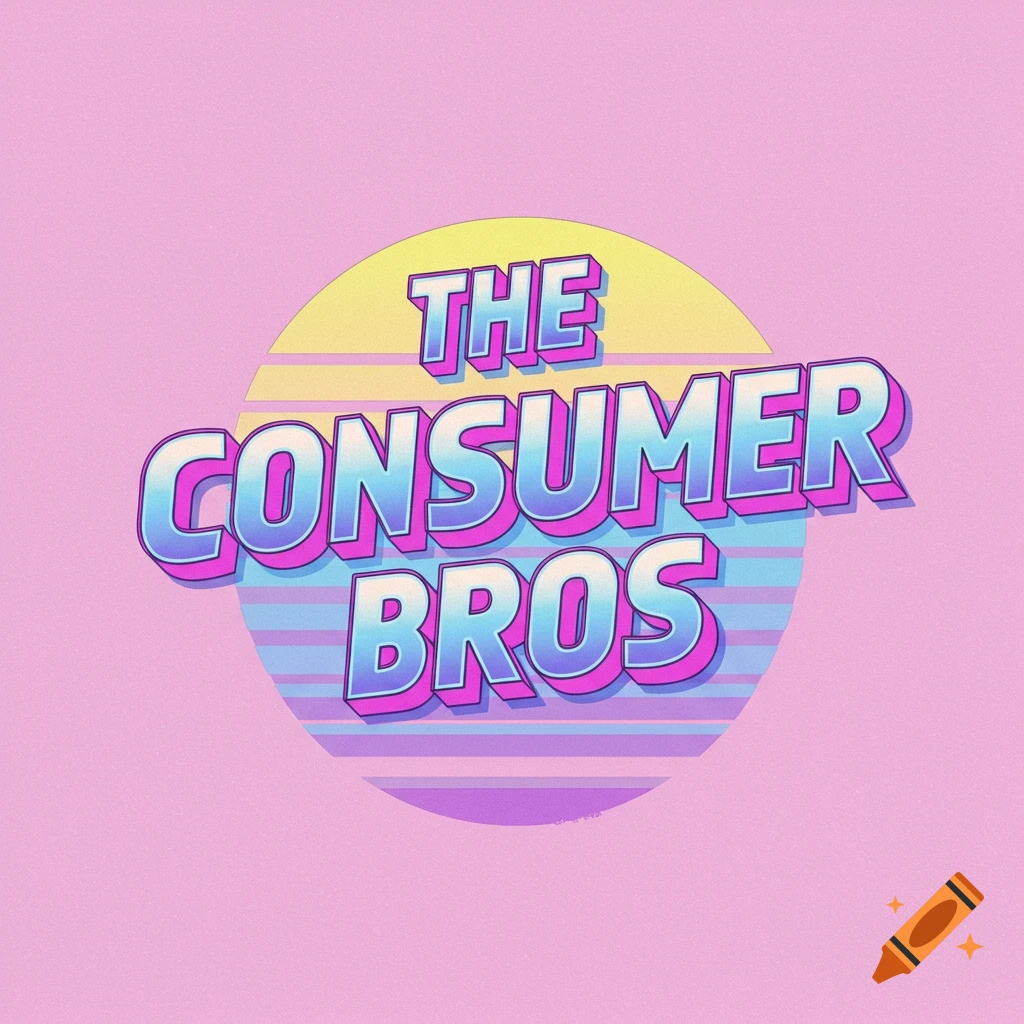 Vaporwave logo with text 'THE CONSUMER BROS', featuring a striped circle on a pink background.