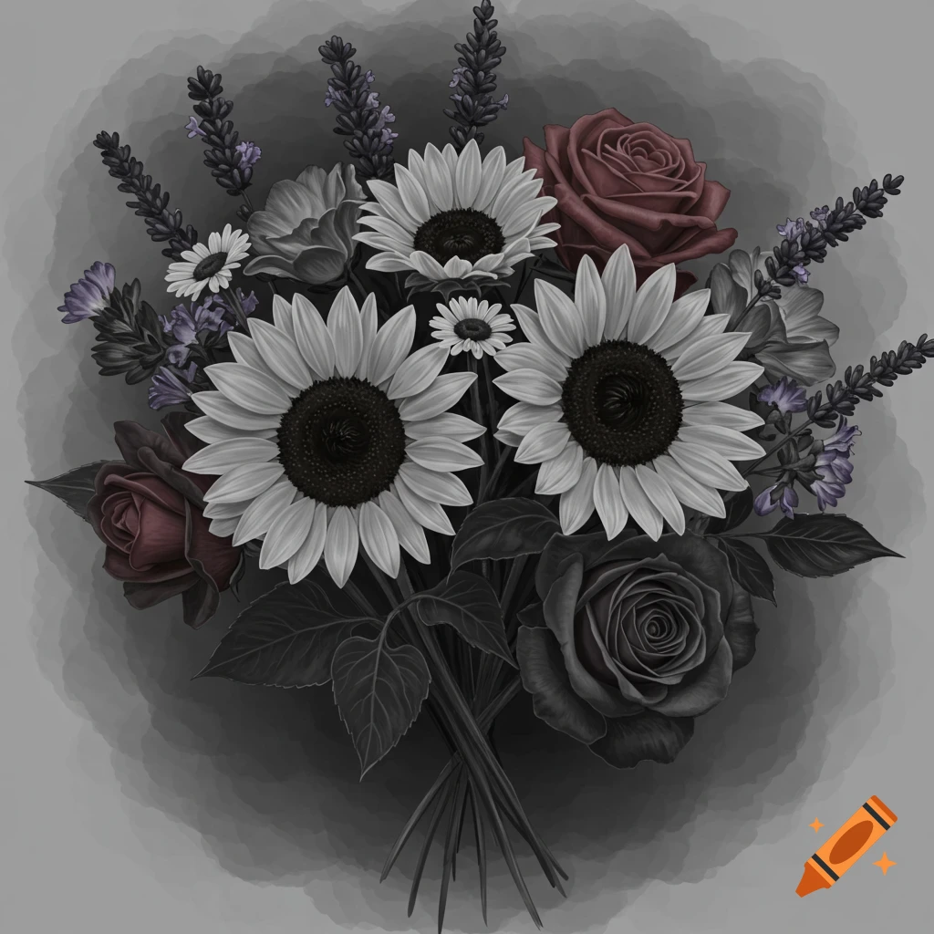 A black and grey bouquet with sunflowers, roses, daisies, and lavender.