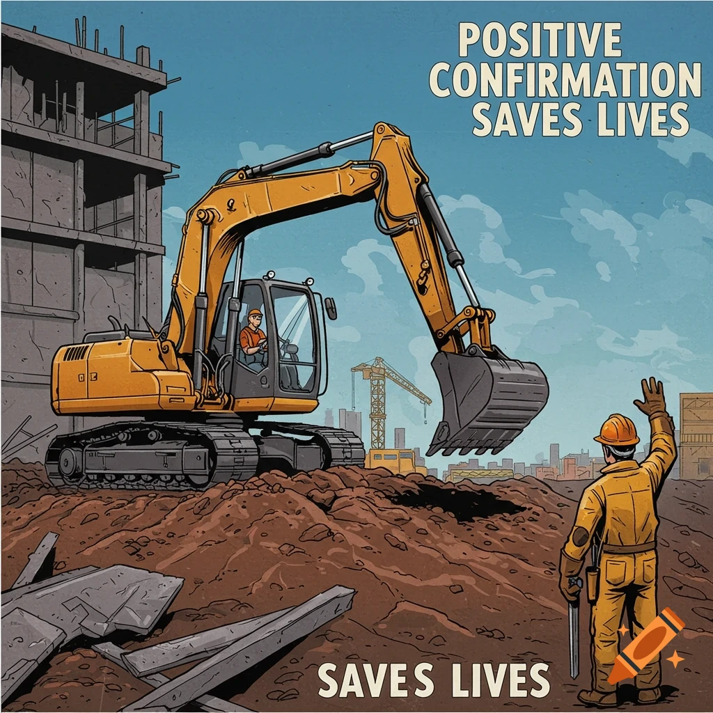 Cartoon illustration of an excavator on a construction site with two workers and a safety slogan.