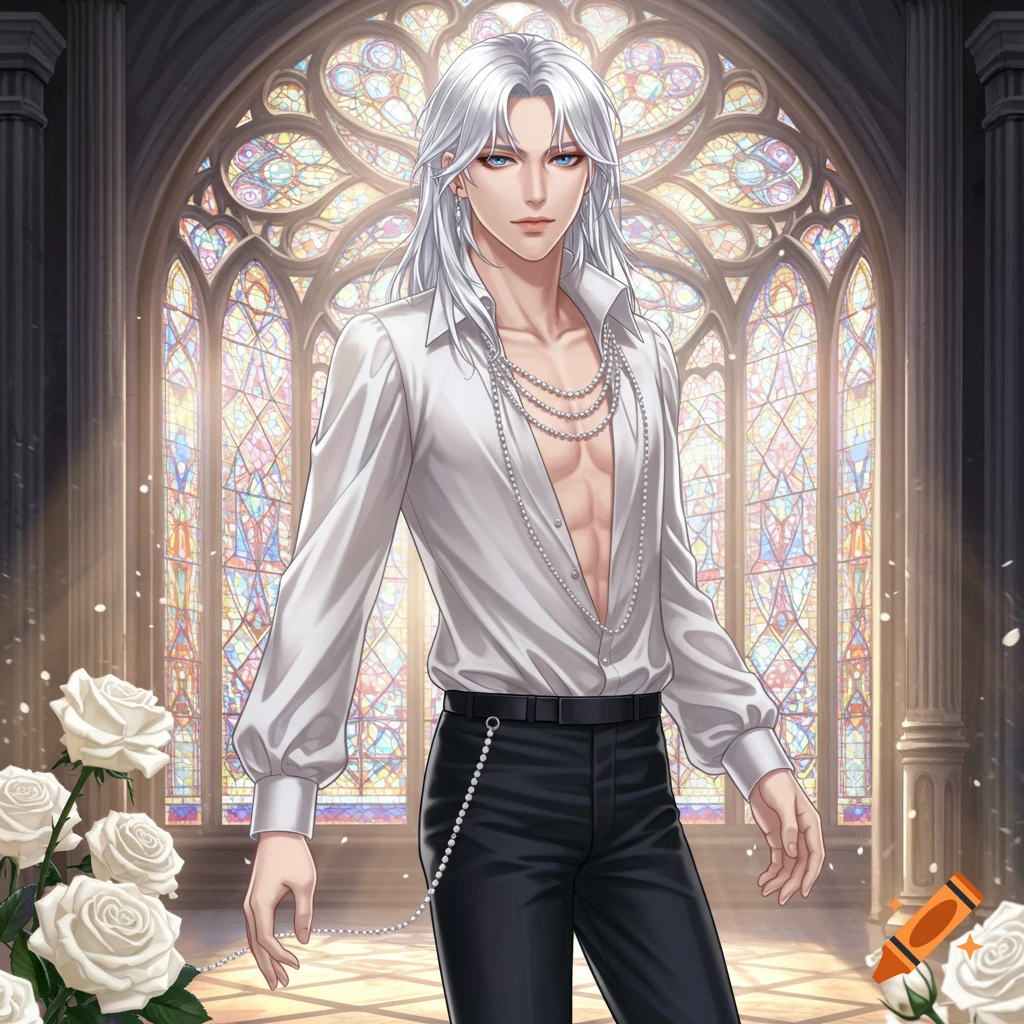 Anime man with white hair and open shirt in front of stained glass window with roses.
