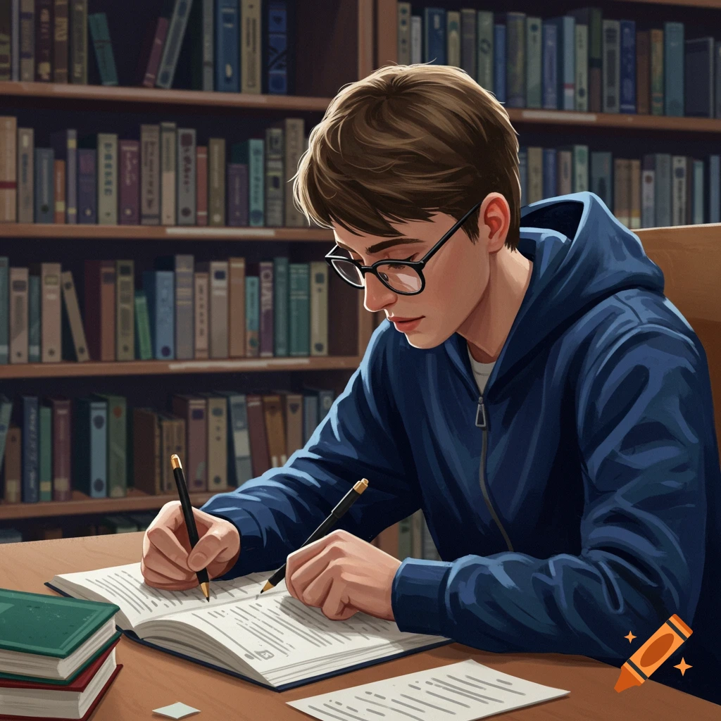 A student writing in a notebook at a desk in a library.