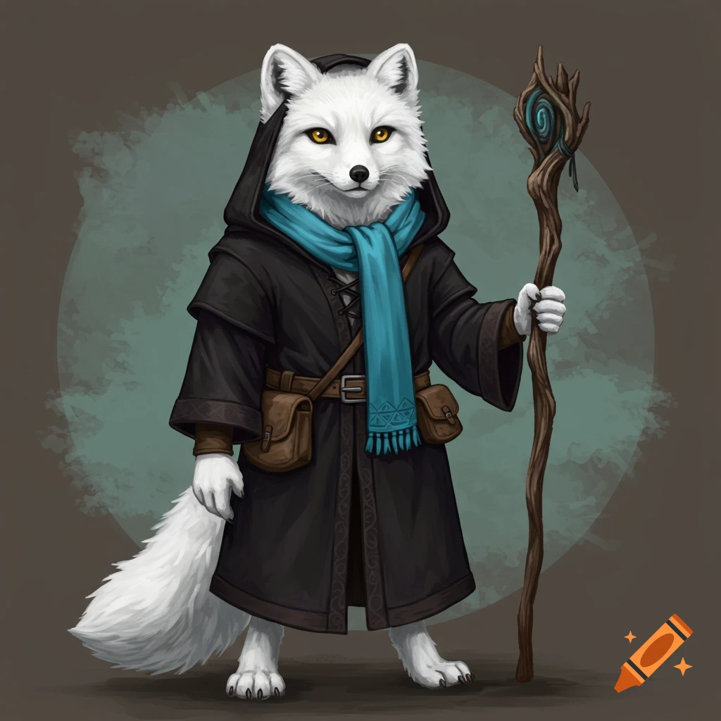Arctic fox character in fantasy robes holding a staff, illustration.