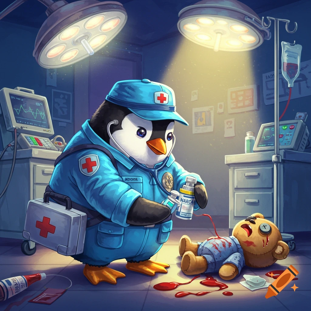 A penguin paramedic is treating a teddy bear patient in a hospital room. There is blood on the floor.