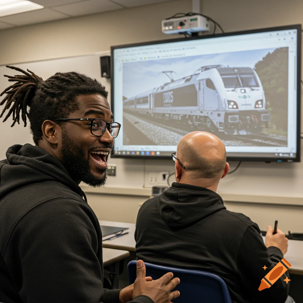 Two men in a classroom look excitedly at a screen displaying a modern train.