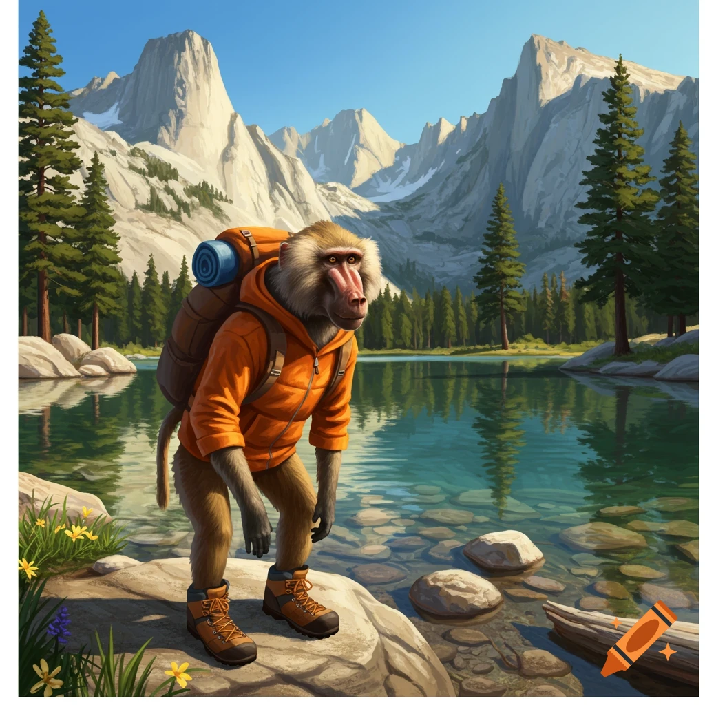 A baboon in hiking gear stands by a mountain lake