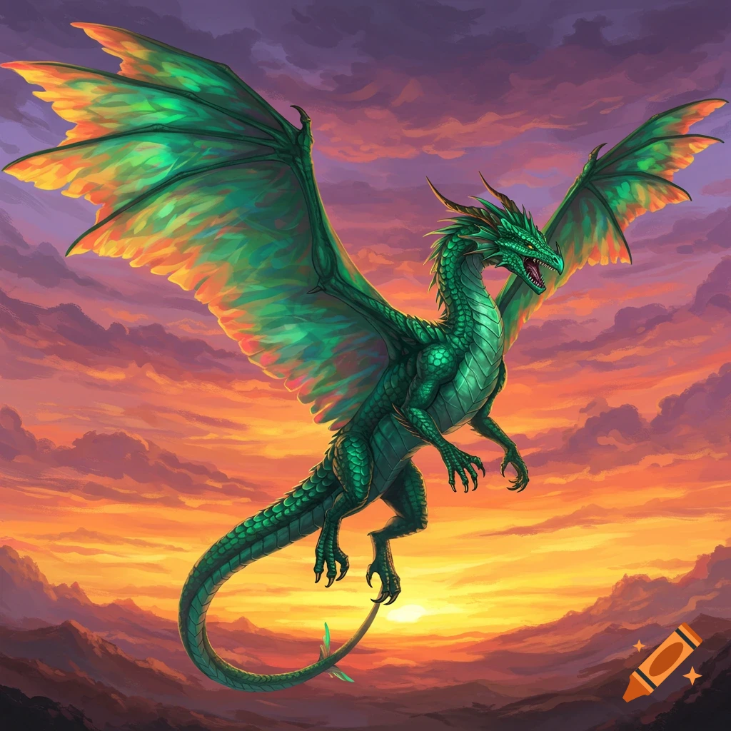 A green dragon flies against a vibrant orange and purple sunset sky.