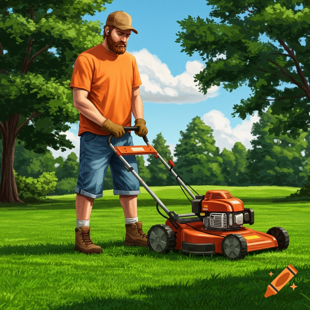 A man mowing a lawn.