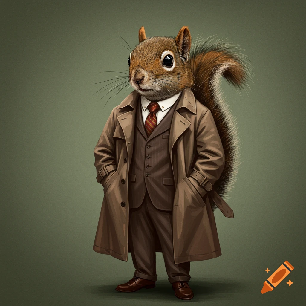 A squirrel wearing a brown suit and trench coat.