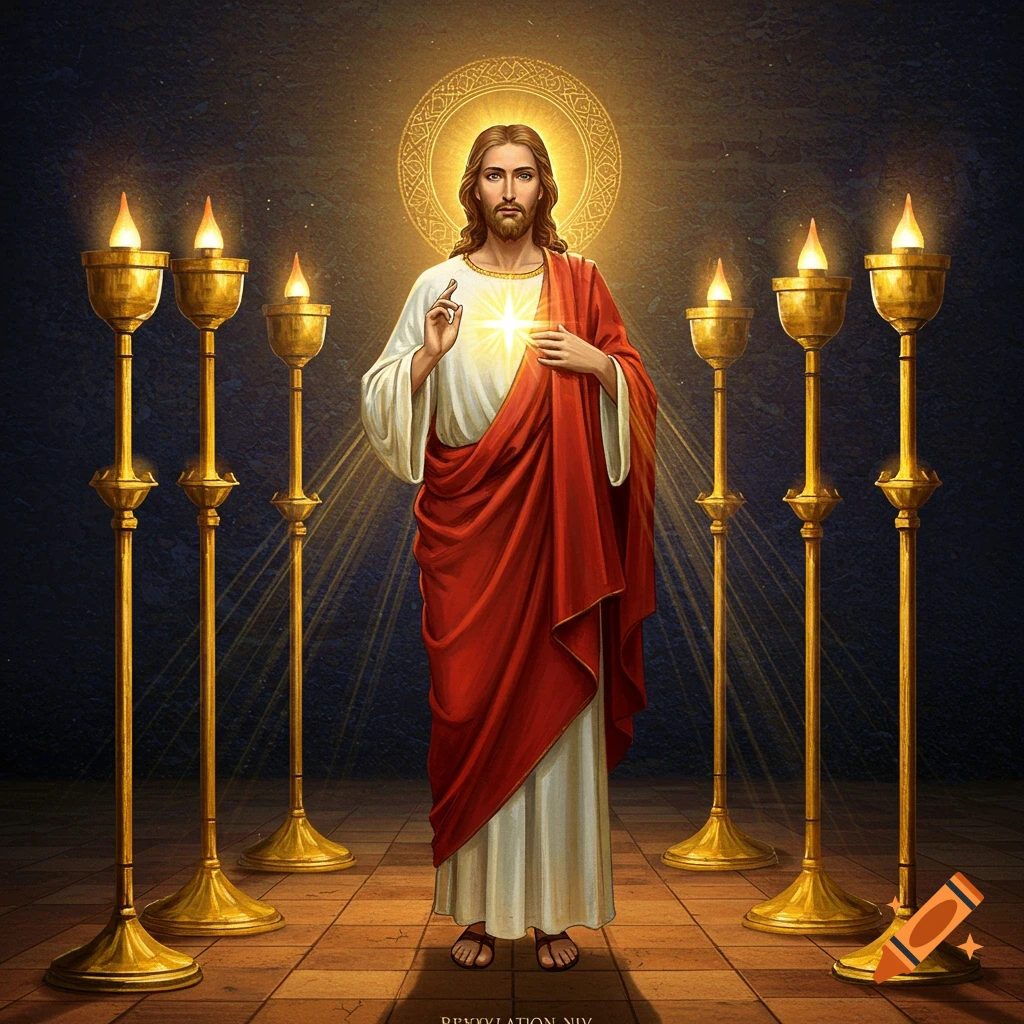 Jesus Christ in a red robe standing among seven golden lampstands, a light shining from his chest.