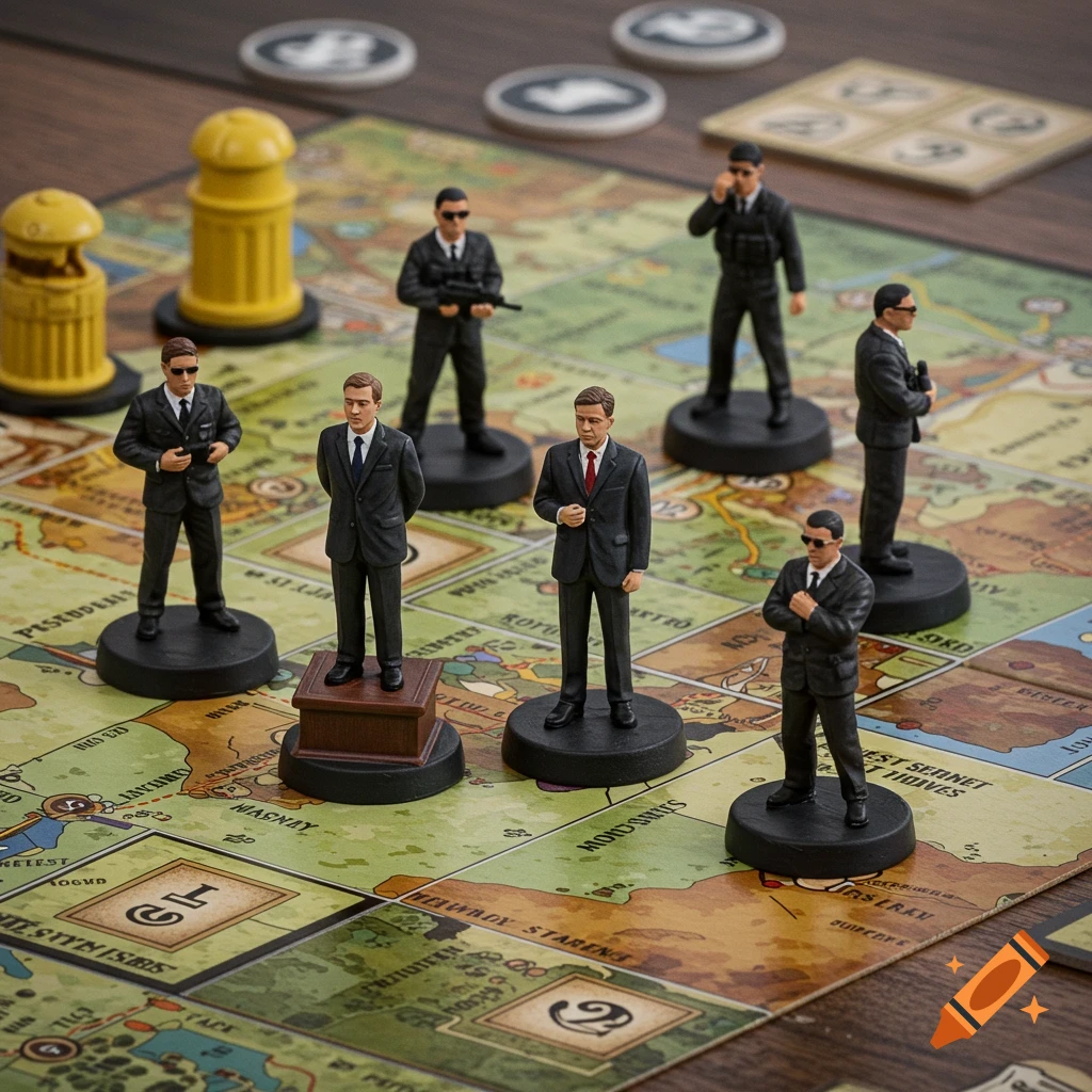 Miniature figures of men in suits on a board game map.