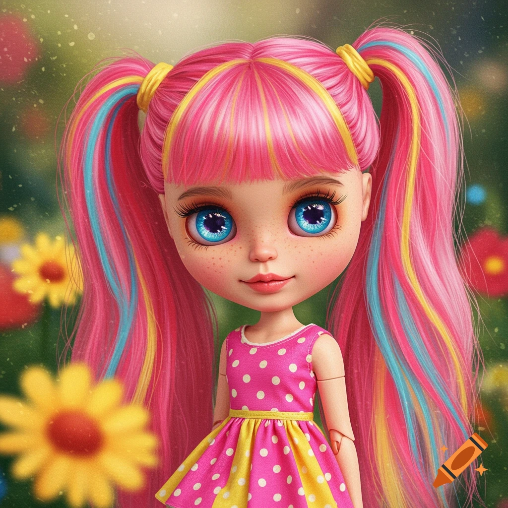 A Blythe doll with pink pigtails, colorful streaks, and a polka-dot dress, standing in a vibrant fantasy garden.