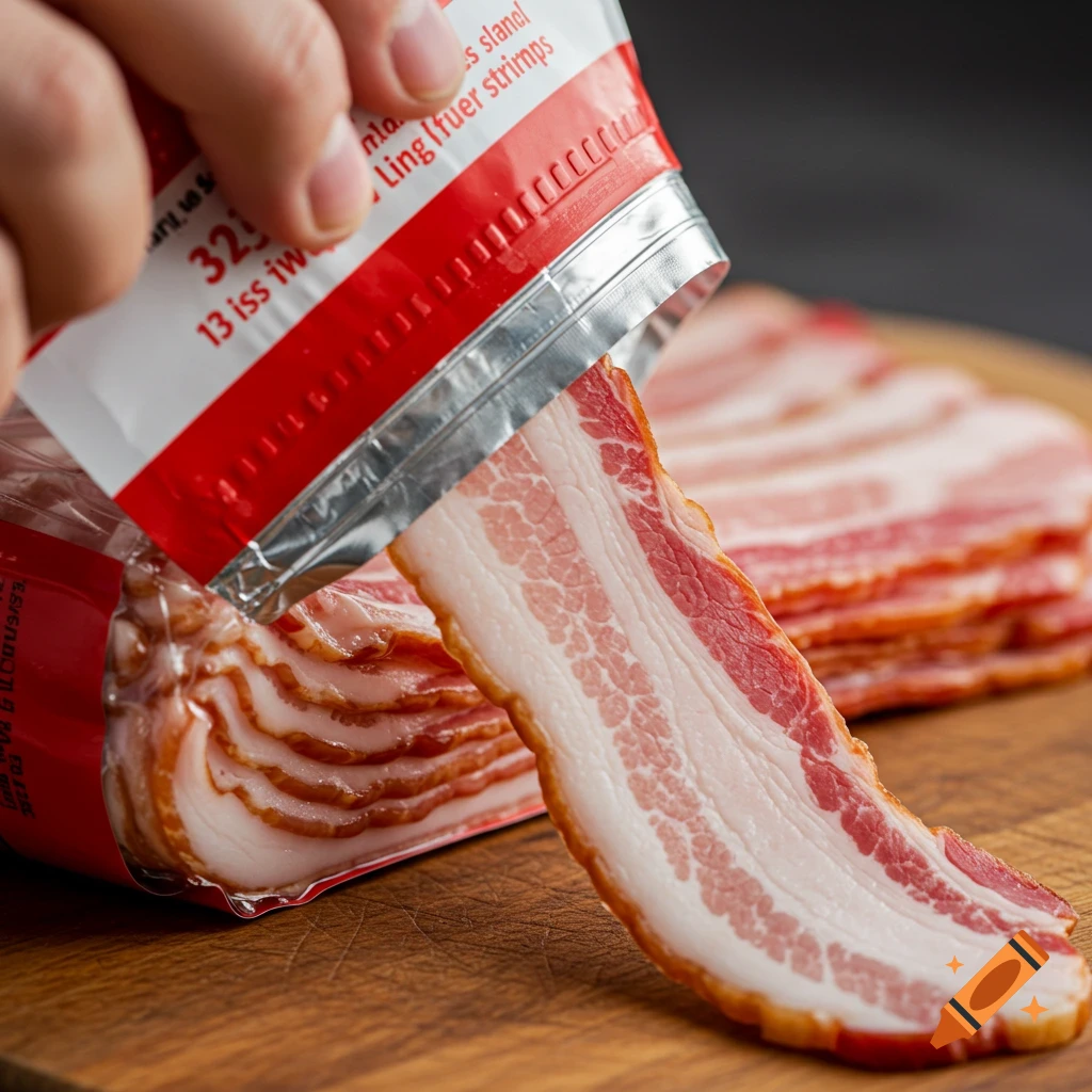 Hand pulling a slice of bacon from a package onto a cutting board with a stack of bacon.