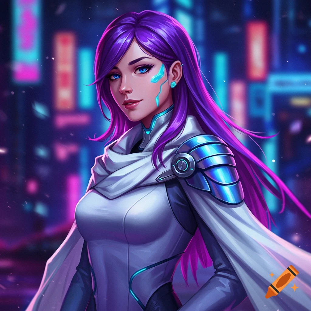A woman with purple hair and a futuristic outfit stands in a cyberpunk city.
