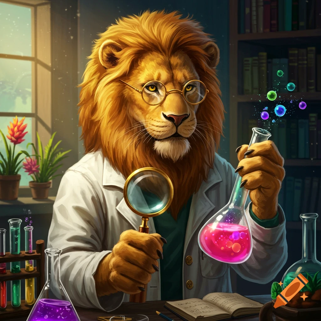 A lion scientist in a lab, holding a magnifying glass and flask.